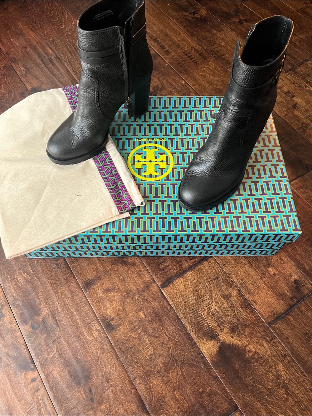 Tory Burch Black Leather Block Heel Ankle Boots with Side Zip